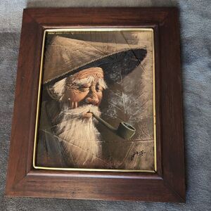 Vintage Tobacco Leaf Painting Old Asian Man Smoking Pipe Artist Signature